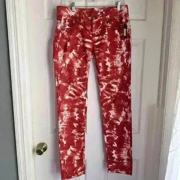 Miss Me Womens Jeans Tie Dye Red JD106352 Skinny Rhinestone Flap Pocket Size 30 - Picture 2 of 8